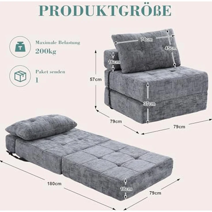 Ball & Cast Bodensofa, Umwandelbarer 2-in-1 Sofa Bett, Chenille Klappsofa mit Rückenlehne für Wohnzimmer und Schlafzimmer, Grau, 1 Sitzplatz – Bild 2