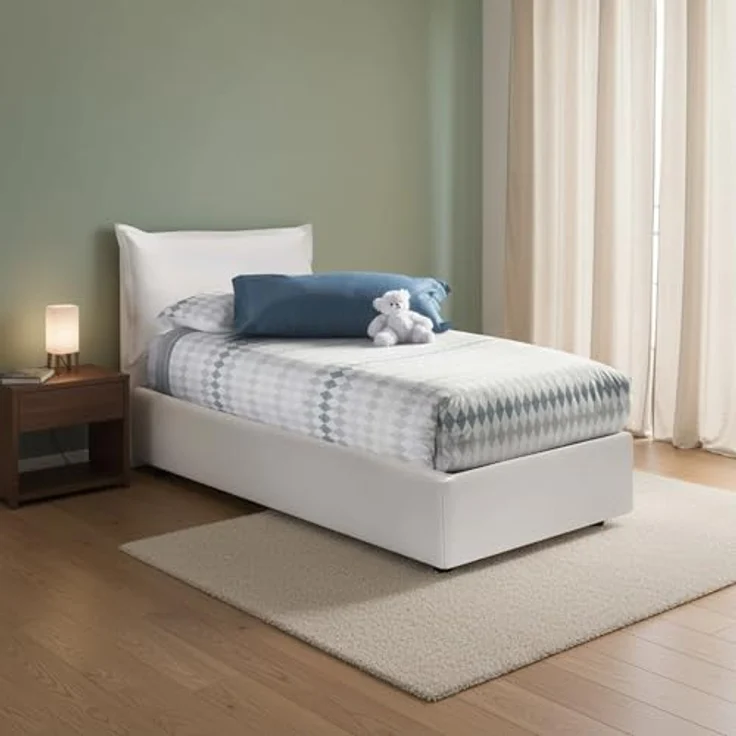Talamo Italia - Einzelbett Livia, Bettkasten mit Kunstlederbezug, 100 % Made in Italy, seitliche Öffnung, geeignet für Matratze 80 x 190 cm, Weiß – Bild 1