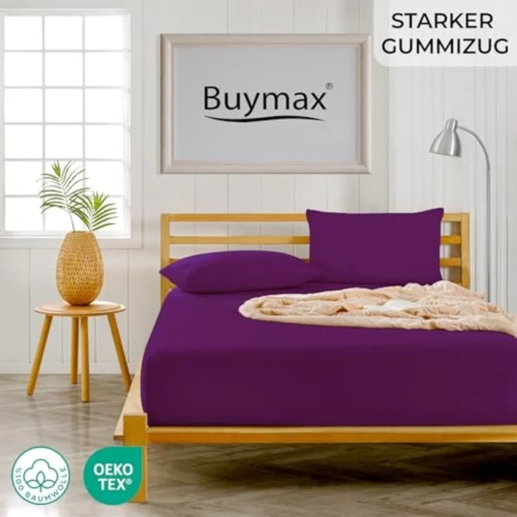 Buymax Spannbettlaken Topper, Spannbetttuch für Topper bis 9 cm Höhe, 100% Baumwolle Jersey, Aubergine, Topper 120x200 cm, 1 – Bild 2