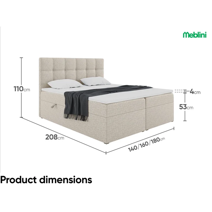 MEBLINI Boxspringbett NILS 140x200cm - H3/Beige Webstoff - mit Bettkasten - Polsterbett - Doppelbett mit Topper & Bonellfederkern-Matratze – Bild 7