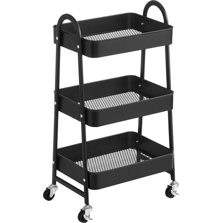SONGMICS Rollwagen mit 3 Ebenen, Servierwagen aus Metall, Küchenwagen, Küchenregal mit Griffen, 2 Bremsen, einfacher Aufbau, für Malutensilien, Schlafzimmer, Waschküche, schwarz BSC068B01