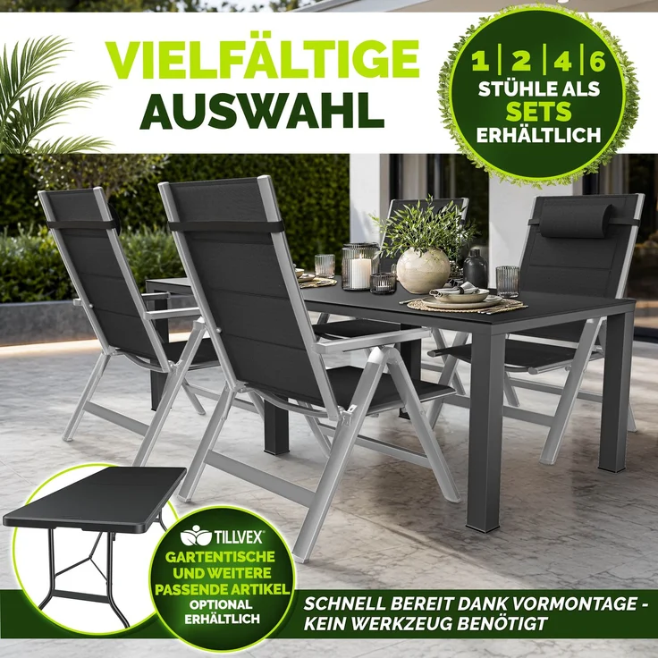 tillvex Gartenstuhl mit Polster Premium 1 Stück Silber klappbar aus Aluminium | Hochlehner mit Armlehnen | Klappstuhl verstellbar | Klappsessel Balkon Garten Terrasse – Bild 3