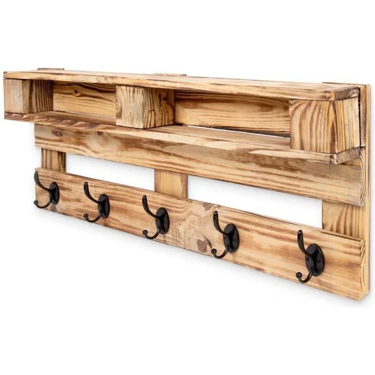 K&L Wall Art Wandgarderobe Palettenmöbel Garderobe Vintage Paletten Wandregal mit Kleiderhaken, Kiefernholz massiv Holzregal – Bild 3