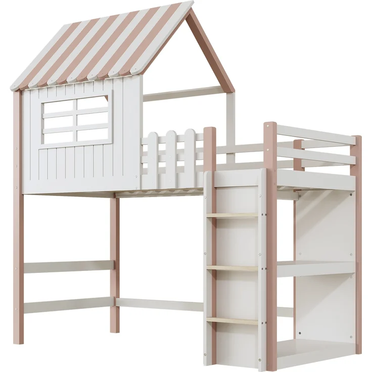 Kinderbett, hoch und niedrig Bett für Jungen und Mädchen Heimbett Dachform mit Sicherheitsleiter mit Ablagefach Multifunktionsbett, Massivholzbett mit Lattenrost, Rosa, 90 x 200 cm – Bild 3