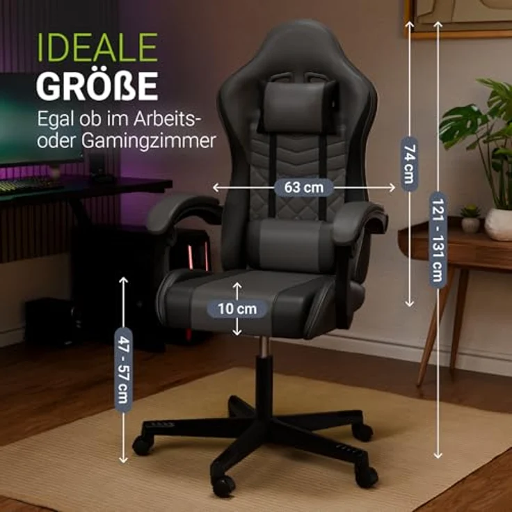 Juskys Gamingstuhl HyperSeat, verstellbare Rückenlehne, höhenverstellbarer Drehstuhl, Kunstleder, ergonomisch, für Büro & Gaming Setup – Grau/schwarz – Bild 4