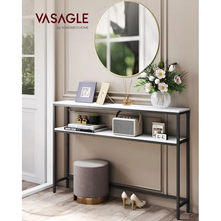 VASAGLE Konsolentisch, schmaler Sofatisch mit 2 Ablagen, 20 x 120 x 80 cm, Flurtisch, 2 Ebenen, für Flur, Wohnzimmer, Schlafzimmer, marmorweiß-tintenschwarz LNT133W59 – Bild 3