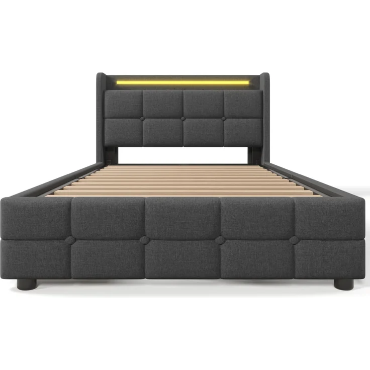 Einzelbett 90 × 200 cm mit Steckdosen,USB-Anschlüssen und LED-Beleuchtung,2 Schubladen,Leinenbezug in Grau – Bild 8