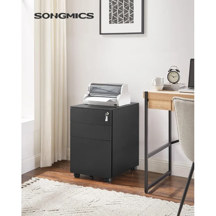 Rollcontainer, Aktenschrank, mit 3 Schubladen, vormontiert, abschließbarer Büroschrank mit Hängeregistratur, Stahl, Schwarz, 52 x 39 x 60 cm – Bild 2