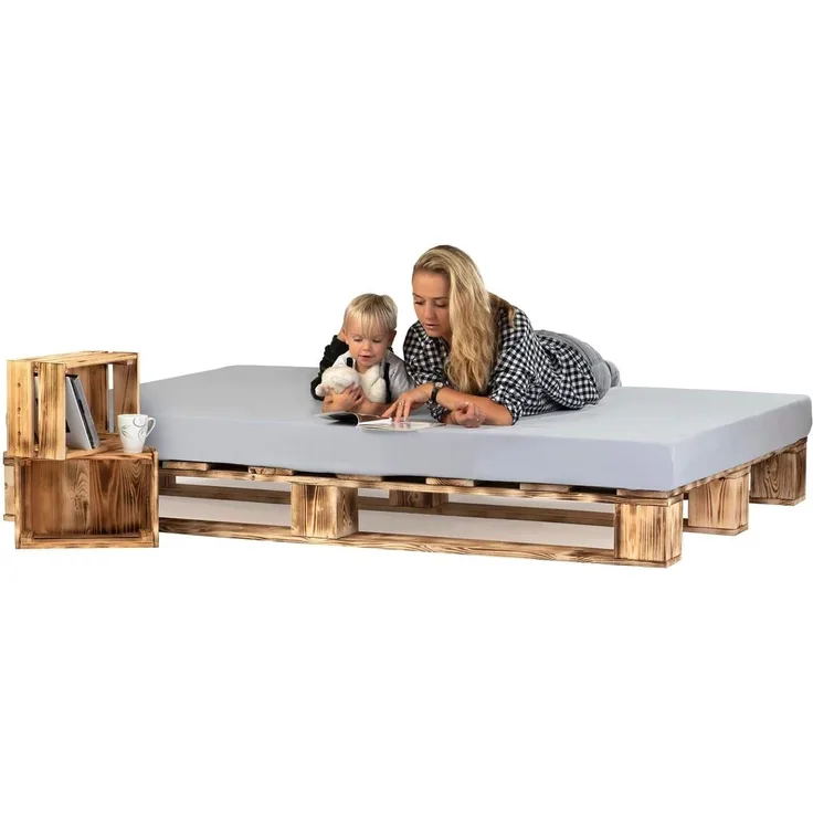 sunnypillow 200x200 cm Palettenbett aus Holz Holzbett Massivholzbett Bett aus Paletten Palettenmöbel Geflammt Vintage europalette 80 90 100 120 140 160 180 200 220 240x200 cm