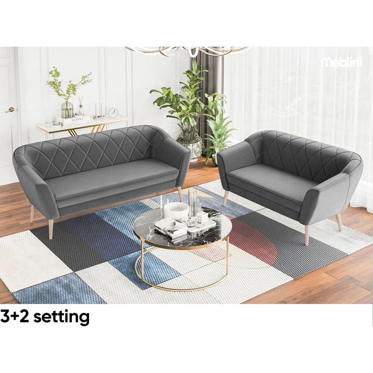 MEBLINI Mini Sofa Set 3-2 für Wohnzimmer - Mini Lounge für fünf Personen - Küchensofa - Sofa Klein - Sitzgarnitur - Polstergarnitur - Sofagarnituren - GISELA - 3+2 - Dunkelgrau Samt – Bild 2