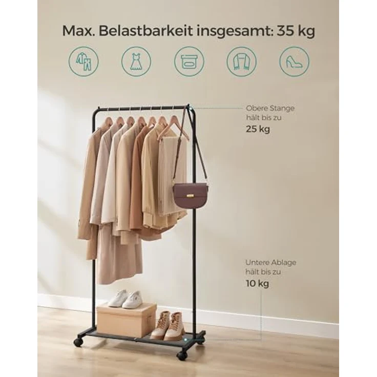 Songmics Kleiderständer, Kleiderstange auf Rollen, Garderobenständer 74 cm breit, Rollgarderobe mit Gitterablage, bis 35 kg belastbar, 2 Rollen arretierbar, Stahlrahmen, schwarz HSR130B01 – Bild 4