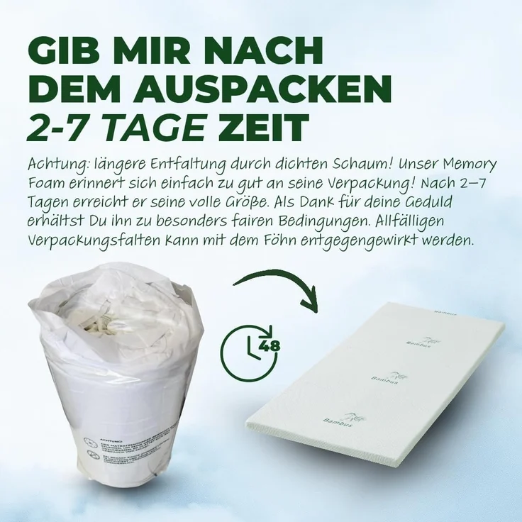 Welldora, Topper BRAUCHT 7–10 Tage, UM Sich GANZ ZU ENTFALTEN, 5 cm hoch, - Memory Foam, (Weich & Druckentlastend, für Harte Matratze), Matratzentopper für Seiten- & Rückenschläfer – Bild 5