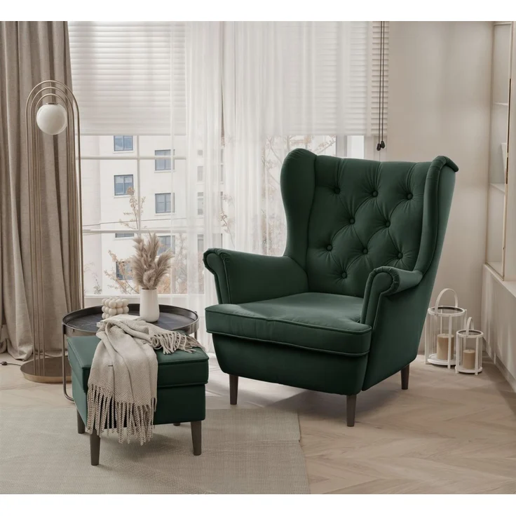 Sessel Ohrensessel NINON inkl. Hocker in Stoff Trinity Dunkelgrün – Bild 1
