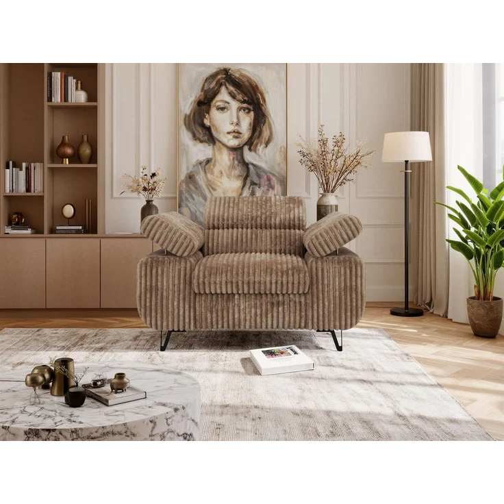 Einzelsessel, Polstersessel PETER mit verstellbaren Armlehnen und Kopfstütze, 1-Sitzer Sofa, Ohrensessel, Wellenfeder - Braun Cord – Bild 4