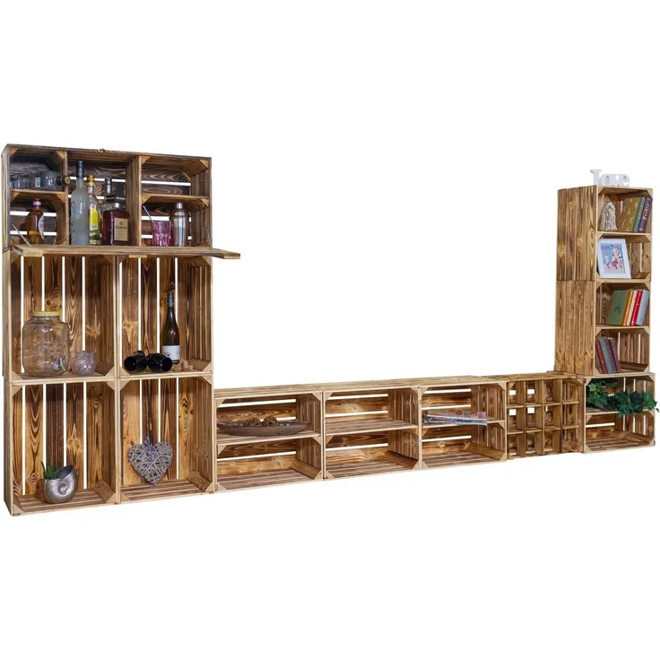 Kistenkolli Altes Land Allzweckkiste TV-Board mit Minibar "Sienna" mit Regal Wohnwand Mediawand Schrankwand (Spar-Set)