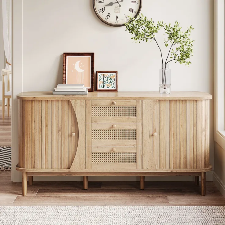 Sideboard mit Rattan-Schubladen & Schiebetüren, 140,5x40x76 cm, Natur