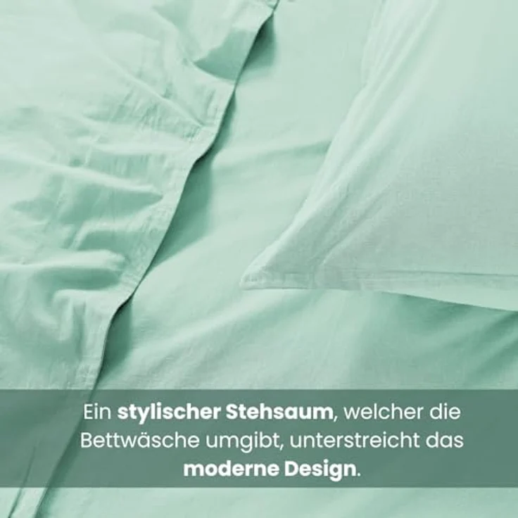wometo Renforce-Bettwäsche Set, Mintgrün, 155x220 cm, Oeko-Tex® zertifiziert, Stone-Washed-Stil, 100% Baumwolle – Bild 6