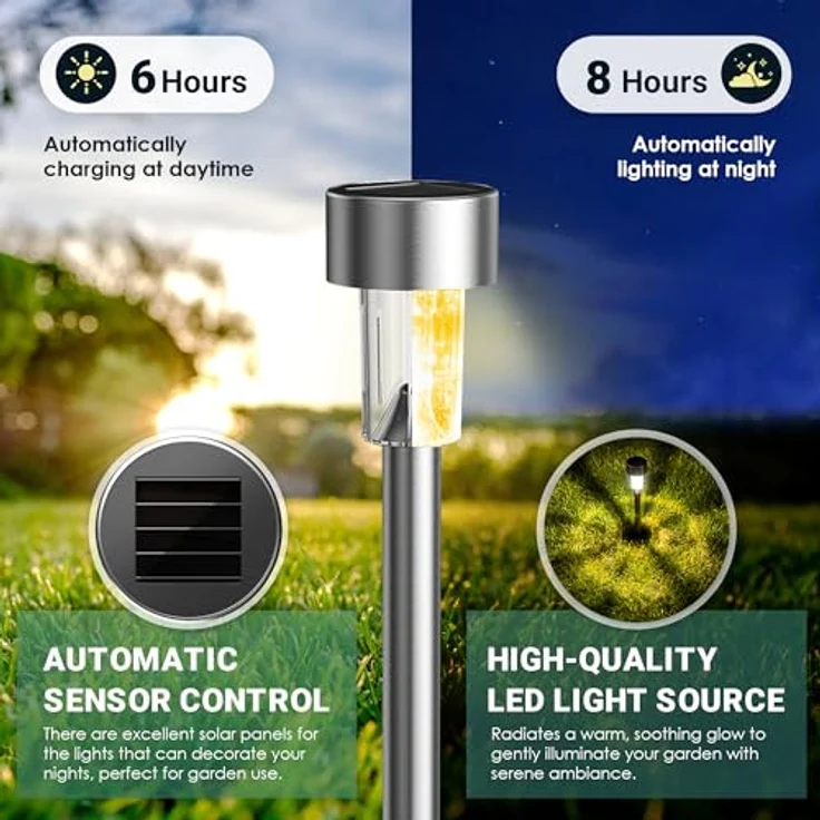 GIGALUMI Solarlampen für außen, Solarleuchten für Garten, 12 Stück, wasserdichte Solar Gartenleuchten für außen Garten, Balkon, Terrasse, Rasen, Wege (Warmweiß) – Bild 6