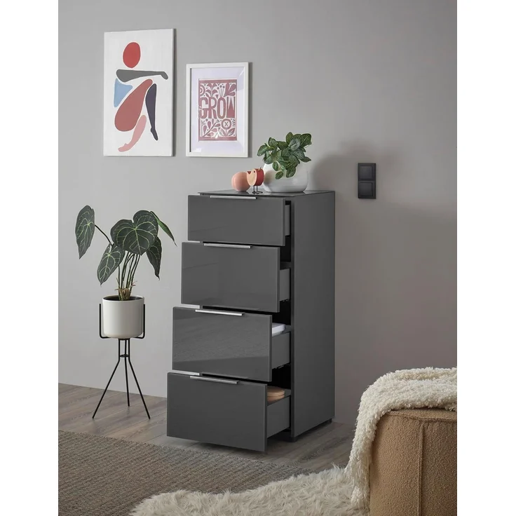 HBZ Kommode Santorin Mehrzweckschrank mit Schubkästen, BxHxT 45x99x40 cm (1 St), Mit 4 Schubkästen mit Softclose, Glasfront und Glasoberboden – Bild 5