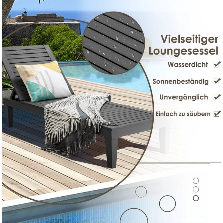 COSTWAY Sonnenliege wetterfest Gartenliege 180kg belastbar Liegestuhl 5 verstellbare Rückenlehne Terrassenliege für Outdoor Garten Terrasse Schwarz – Bild 3