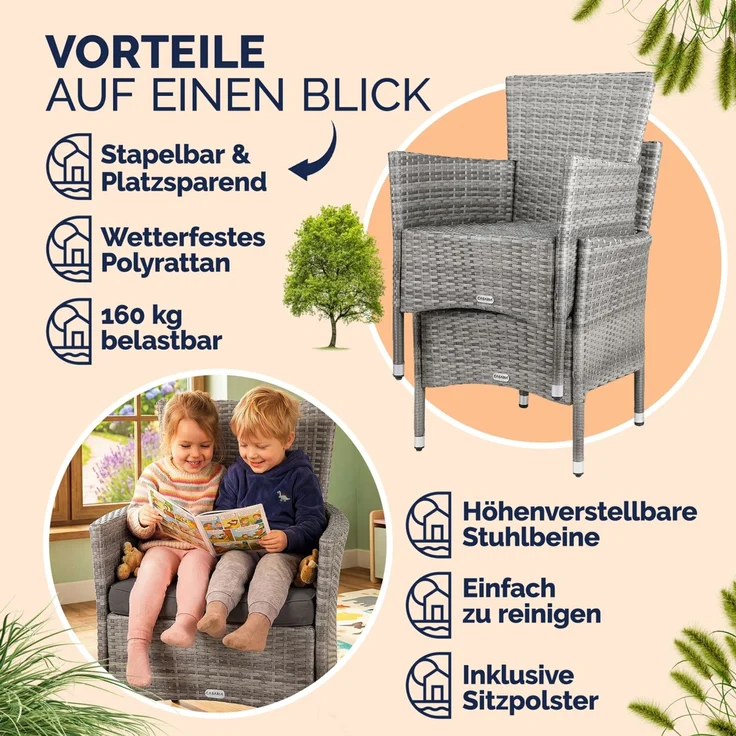 CASARIA® Polyrattan Gartenstühle 4er Set Grau – Bild 9