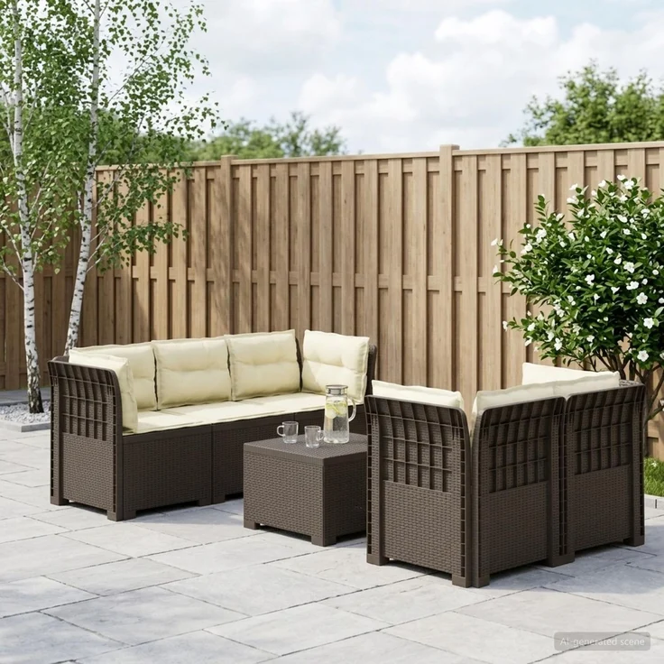 vidaXL 5-Sitzer Gartensofa mit Kissen Rattan-Look PP Hellgrau 3443918 – Bild 1