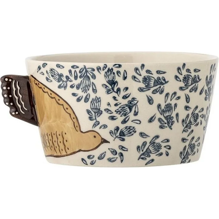 Bloomingville Schüssel Hezha, Steingut, in Natur/Blau, 460ml, mit Vogelmotiv