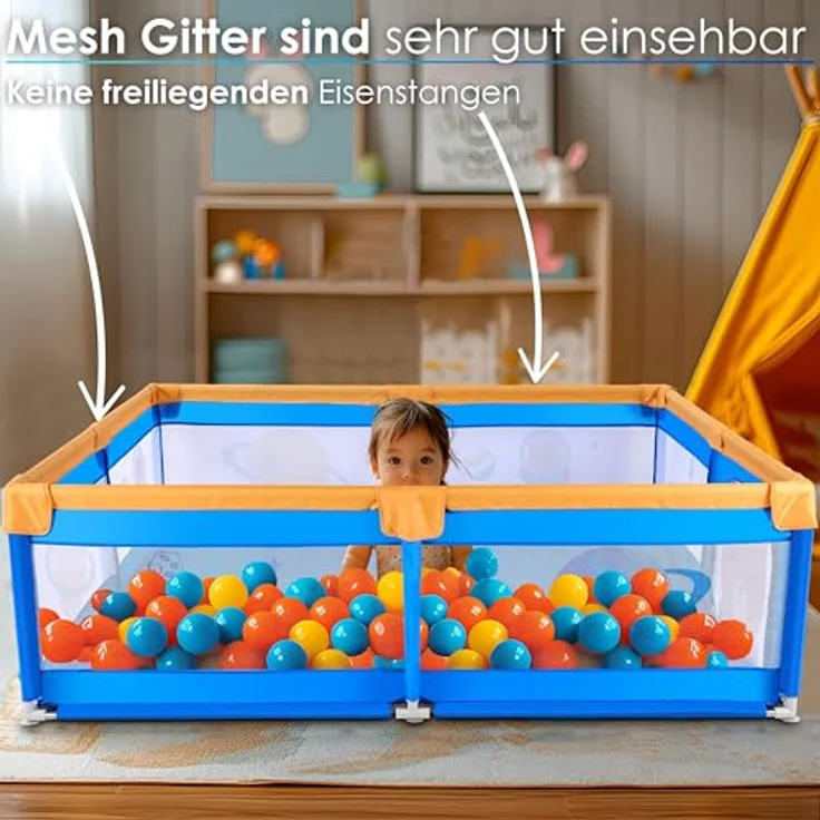 Ecosa Laufgitter, Teddybären-Raumschiff-Design, Blau, Kunststoff, Rechteckig, 180x68x200 cm, CE, mit Einstiegstür und Hängetasche für Spielzeug – Bild 3