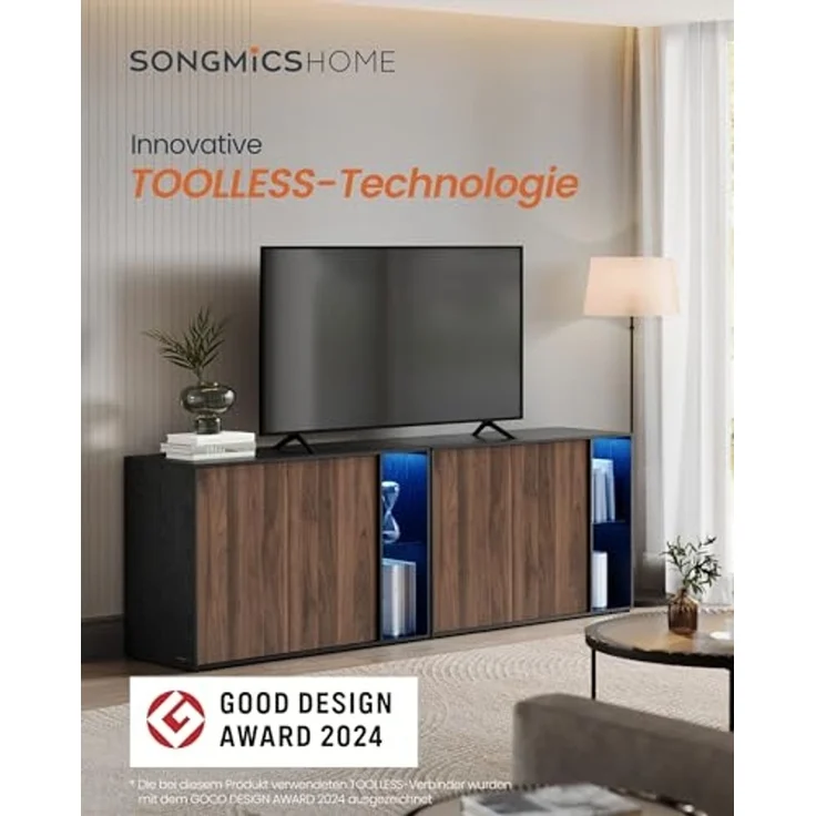 SONGMICS HOME Superschnelle werkzeuglose Montage, Sideboard mit Beleuchtung, 3er Set Aufbewahrungsschrank, TV-Schrank, Glasablage, Toolless-Technologie, von SONGMICS, naturwalnussfarben-ebenholzschwarz BBKDE793B01 – Bild 3