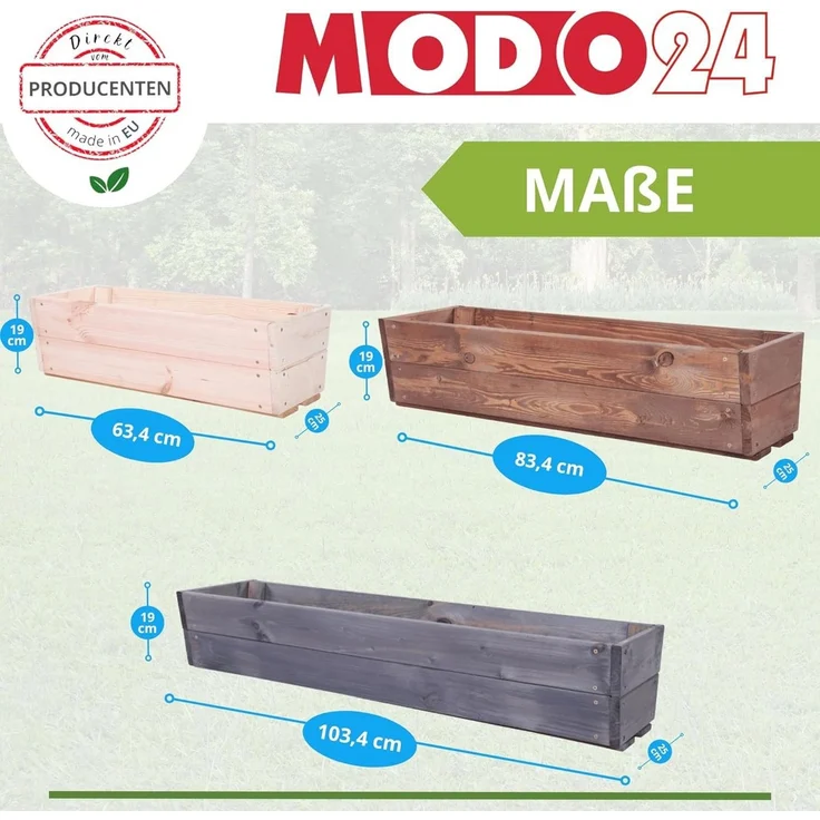 Modo24 Blumenkasten Pflanzkasten aus Holz, Pflanzkübel für Kräuter, Kiefernholz (rechteckiger, für Balkon und Fensterbank), Wetterfest, Stabil & Dekorativ, 3 Größen, 4 Farben – Bild 2