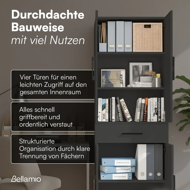 Bellamio 'Apol' Mehrzweckschrank, schwarz, 176x33x60 cm, Aktenschrank mit Schublade und 5 Ablagefächern – Bild 4