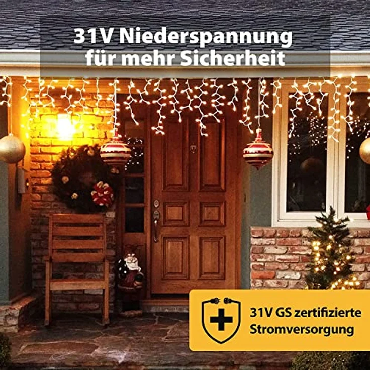 SALCAR LED Eisregen Lichterkette Außen 10m, Lichtervorhang Fenster Weihnachten Innen mit 400 LEDs, 31V mit 8 Modi und Memory-Funktion, Warmweiß – Bild 4