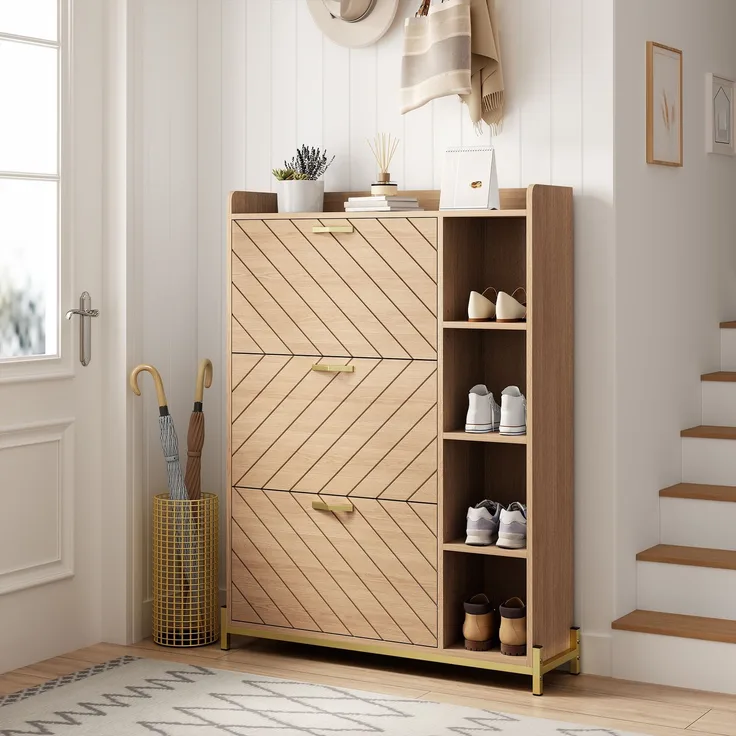 Schuhschrank 90 x 24 x 119 cm aus MDF in Eichenoptik mit 3 Klapptüren und Seitenfächern