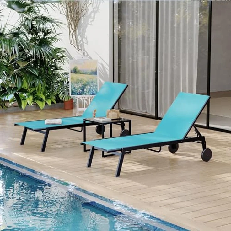 GarveeHome 3-Teiliges Terrassen-Lounge-Set Mit 2 Textilene-Liegen Und 1 Couchtisch, Loungesessel Mit Verstellbarer Rückenlehne Und Rollen, Für Poolbereich Und Terrasse – Bild 5