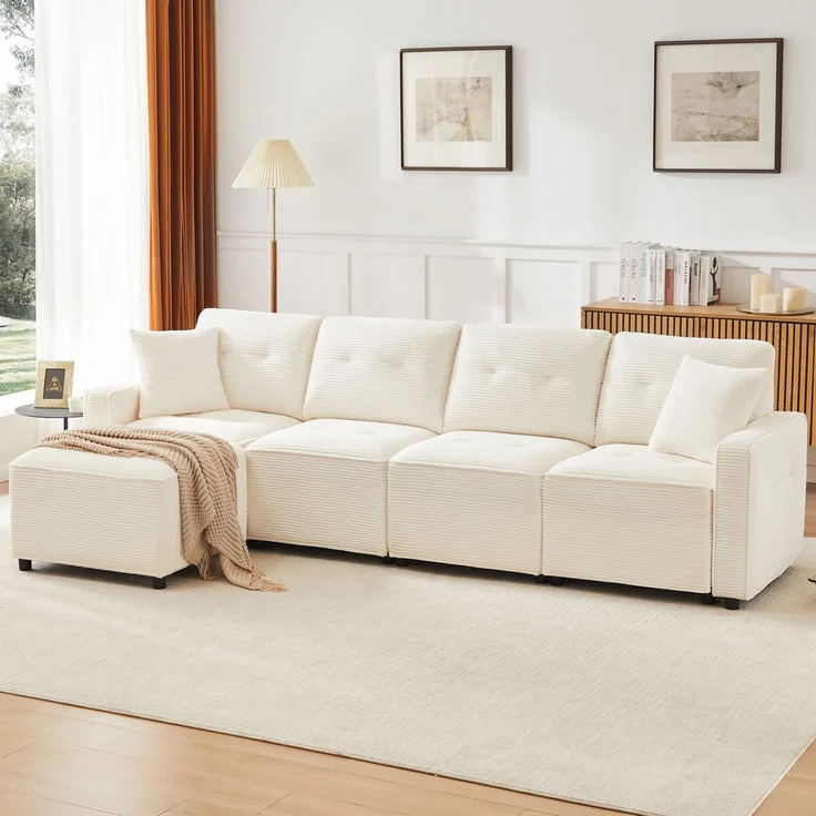 4-Sitzer Wohnlandschaft B 280 x T 146 x H 85 cm aus Cord mit Stauraum und flexiblem Hocker – Bild 3