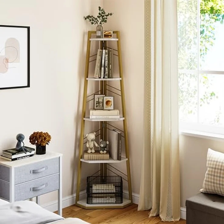 YITAHOME 5-Stöckiges Eck-Bücherregal - Industrielles Freistehendes Leiter-Regal, Modernes Offenes Holzregal für Wohnzimmer, Diele, Home Office, Golden – Bild 3