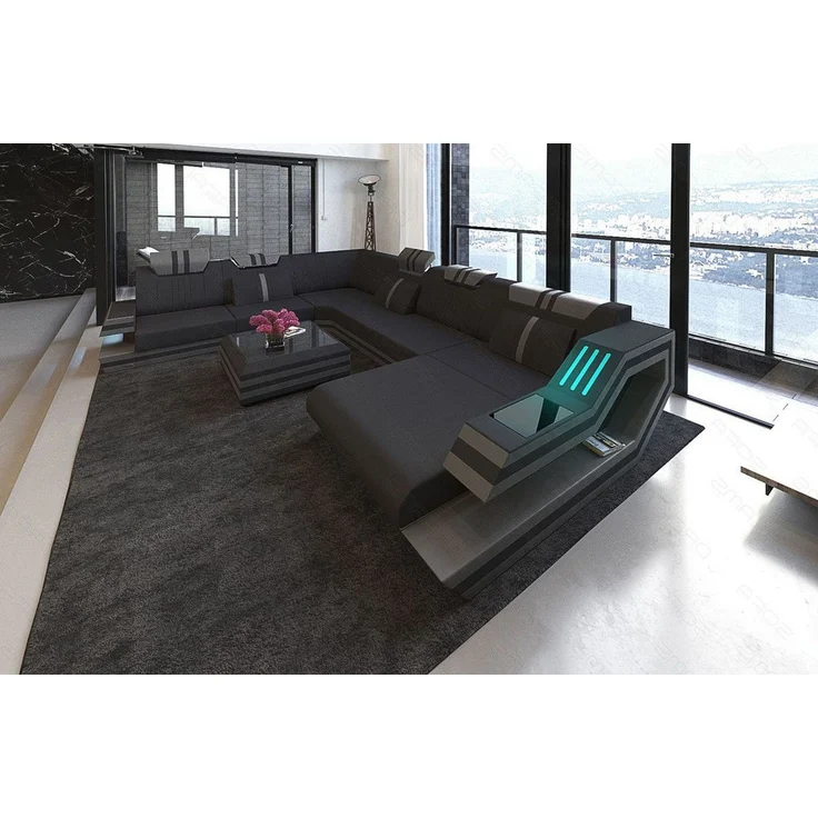 Leder-Stoff-Mix Wohnlandschaft Ravenna XL LED - Mikrofaserstoff - Schwarz-Grau - Rechts – Bild 2
