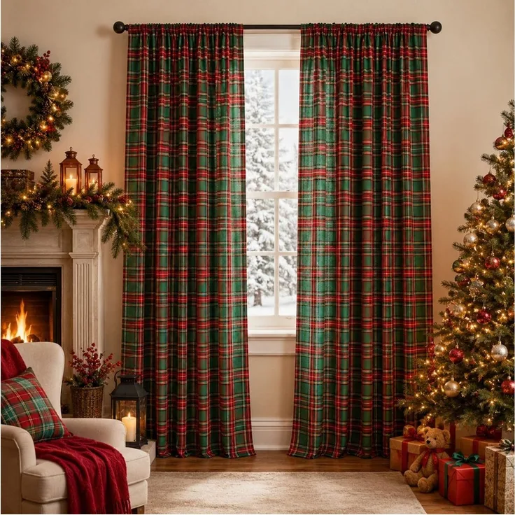 SERBASIC Gardine Schottisch karierter Weihnachtsvorhang, 2er-Set, Leichte (2 St), Multifunktionsband, halbtransparent, Dekoschal für Wohnzimmer Schlafzimmer, 50–60 % Lichtfilterung
