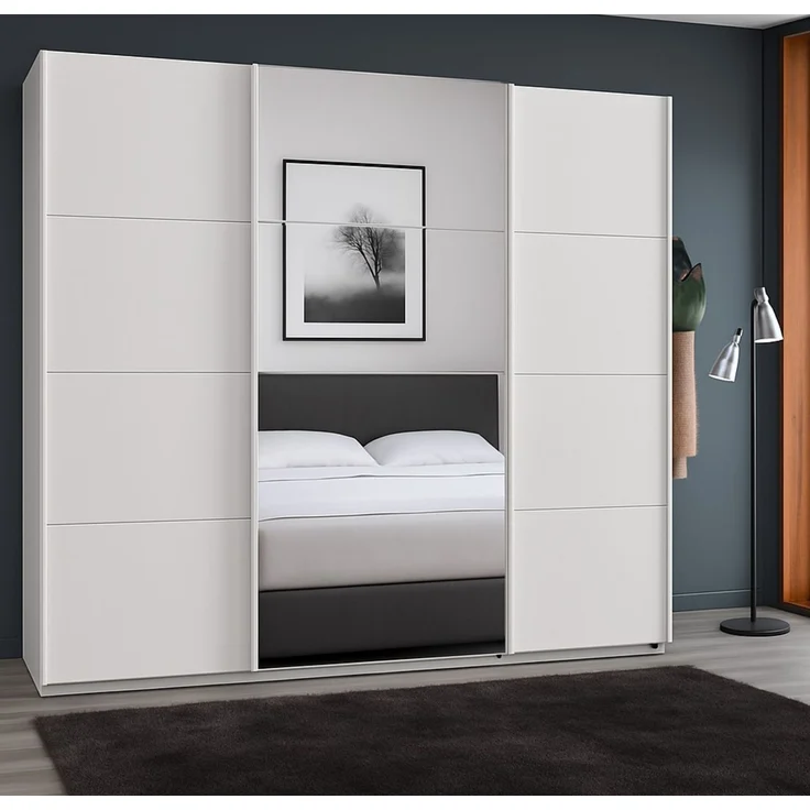 Schwebetürenschrank Kleiderschrank B225 cm extra H236 cm 3-türig Weiß, 1x Spiegeltür – Bild 3
