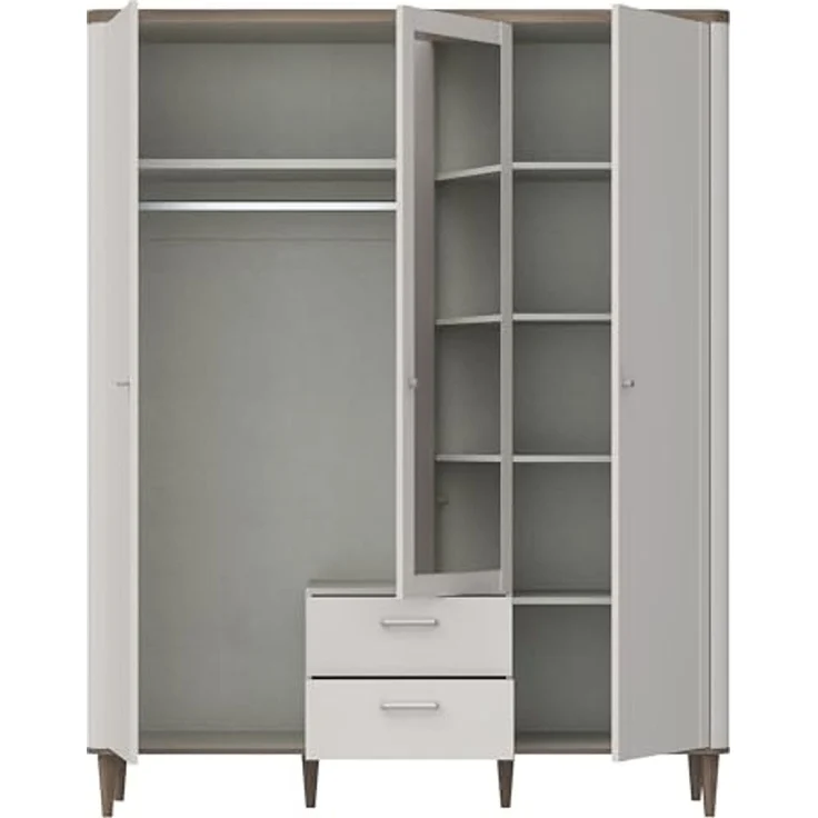 Forte LACETTI Kleiderschrank 160, eleganter Schrank mit Spiegel, 3-türig, 2 Schubladen, hohe Beine, Holzwerkstoff, Kaschmir-Beige-Valencia Eiche Holzdekor,159,8 cm breit x 200,5 cm hoch x 52,7 cm tief – Bild 4