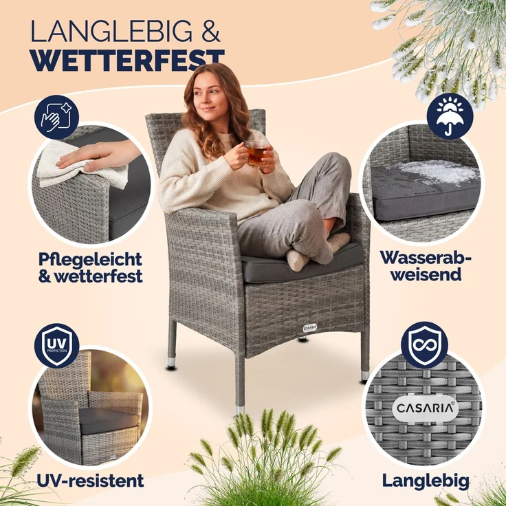 CASARIA® Polyrattan Gartenstühle 4er Set Grau – Bild 3