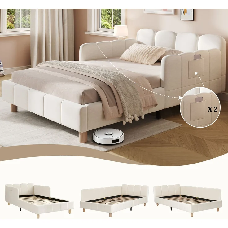 Merax Polsterbett, Einzelbett, Kinderbett 90x200 cm, Bett mit und gepolstertes Kopfteil und Rausfallschutz, Bettbeine aus Massivholz, Samt, beige – Bild 3