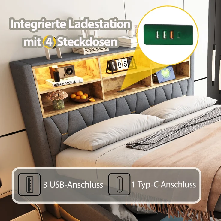 Polsterbett 180x200 cm mit Stauraum und LED-Beleuchtung – Leinenbezug & Metall-Lattenrost – Bild 7