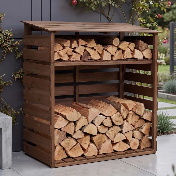 Brennholzlager HWC-Q16, Kamin-/Feuerholzregal Holzlager Holzunterstand, Ablage Holz Tanne FSC® 121x122x61cm ~ dunkelbraun – Bild 1