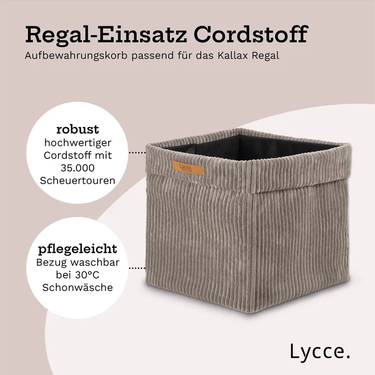 Lycce faltbare Aufbewahrungsbox - Cord, passend für Kallax Regal, abnehmbarer Bezug, robust, formstabil Taupe 31x33x33cm – Bild 3