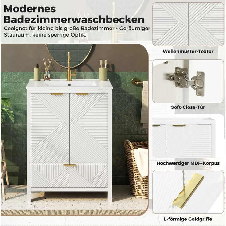 Badezimmerschrank 61 x 47 x 87 cm in Weiß mit Keramikwaschbecken und Soft-Close-Türen – Bild 4