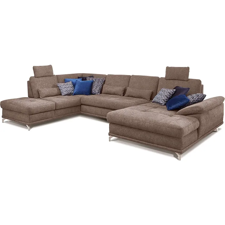 Cavadore Wohnlandschaft Castiel mit Federkern / Große Sofalandschaft mit Sitztiefenverstellung und Kopfstützen / 368 x 114 x 232 / Webstoff, Hellbraun