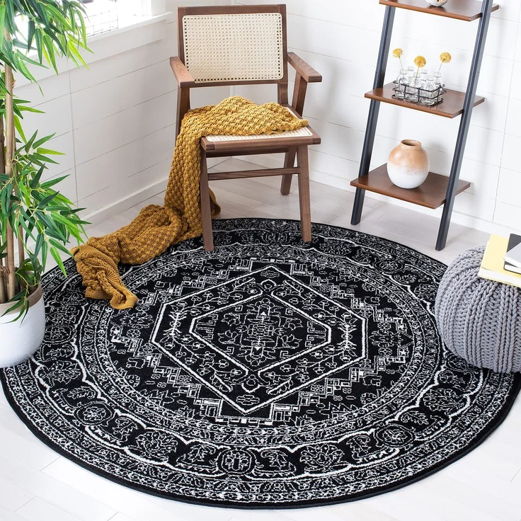 SAFAVIEH Runder Teppich 122 cm Rund - Adirondack Collection - Traditionelles Design, Schwarz & Elfenbein, Pflegeleichte Synthetikmischung, Ideal für Wohnzimmer, Schlafzimmer, Büro
