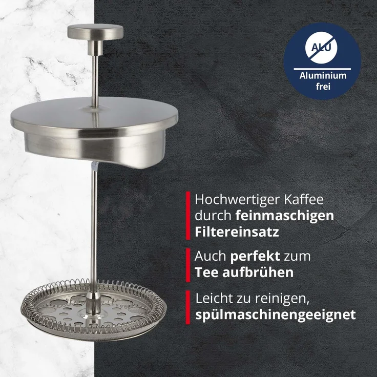 Meisterkoch French Press Kaffeepresse Thermo-Kaffeebereiter aus Edelstahl in schwarz, 1 Liter, 5-7 Tassen, doppelwandig isoliert, rostfrei, nachhaltig, für Camping, Reisen und Zuhause – Bild 7