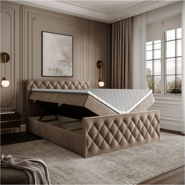 Lookway Boxspringbett INEZ II, Boxspringbett mit Bettkasten und Topper, Breite: 140/160/180x200 cm, elegantes Design mit gepolstertem Kopfteil und Taschenfederkernmatratzen